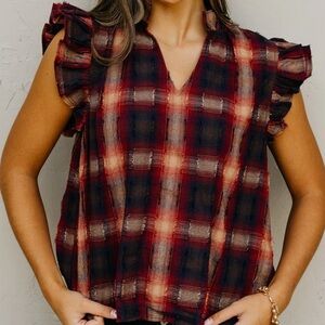 THML Red and Blue Plaid Ruffle Sleeve Blouse